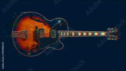 Guitar glitch bug effect grunge pixelated. Black background Flickering instrument image