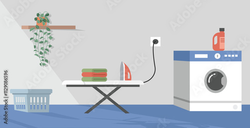 Laundry room. Washing clothes room. Clean clothes. Flowerpot. Iron table. Ironing linen.