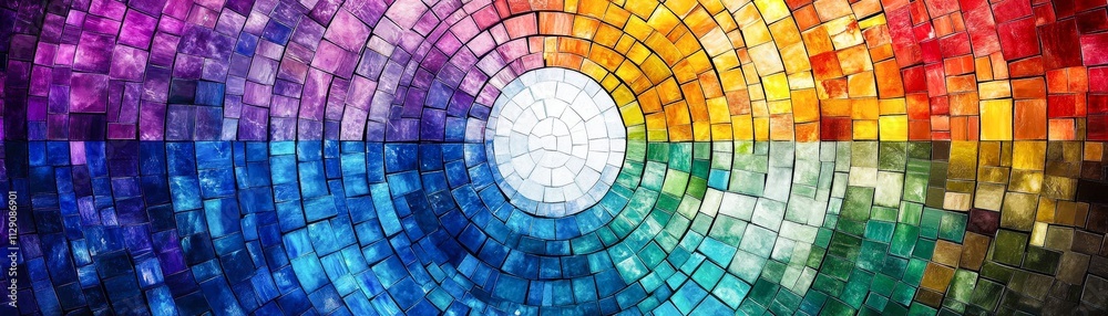 Fototapeta premium Vibrant mosaic featuring an array of colors in a circular pattern, ideal for backgrounds, art projects, or design elements, Its lively hues evoke creativity and energy, perfect for artistic themes,