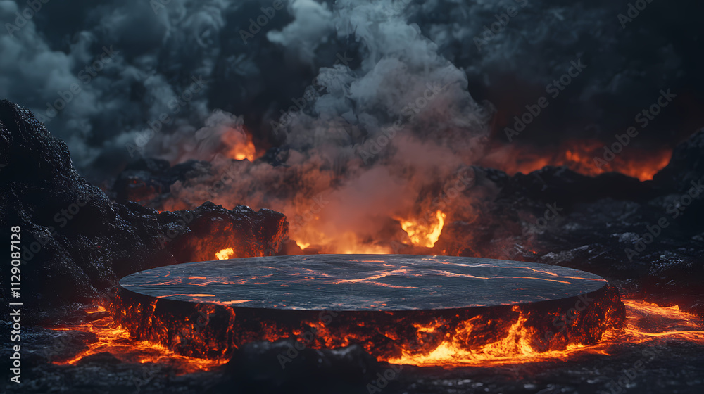 In the middle of a lava eruption, a podium with a volcanic rock backdrop and a magma floor displays a product with fiery smoke effects. Magma. Illustration In the middle of a lava eruption, a podium with a volcanic rock backdrop and a magma floor displays a product with fiery smoke effects. Magma. Illustration