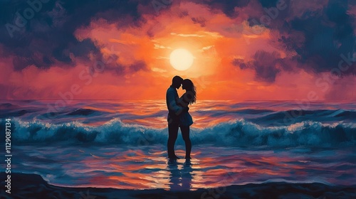 A romantic sunset beach scene with a couple embracing, their silhouettes framed by the warm glow of the setting sun and gentle ocean waves. 