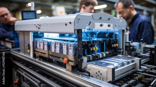 A group of people are working on a machine that is covered in blue lights
