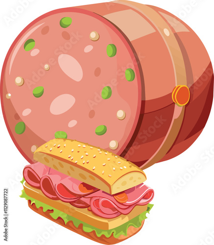 Big sausage with vegetables and sandwich with lettuce and slices of meat