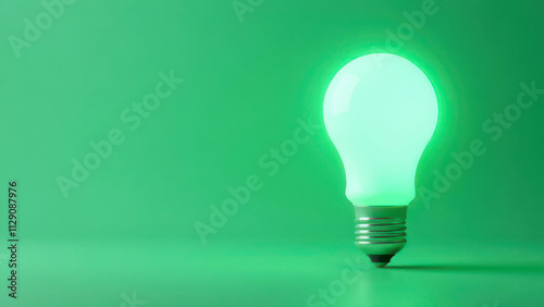 Glowing green light bulb on minimalist emerald background
