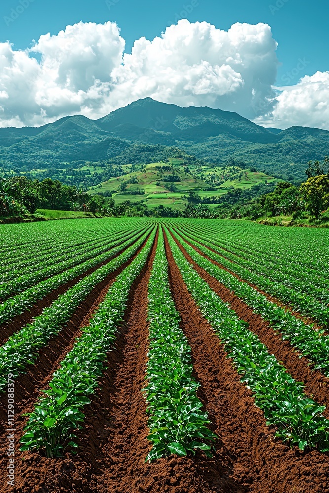 Lush Green Farmland with Mountainous Backdrop Lush Green Farmland with Mountainous Backdrop