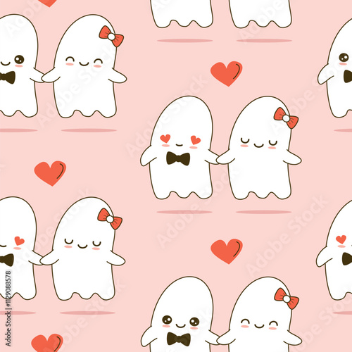 cute hand drawn cartoon character ghost couple in love for Valentine's day holiday funny romantic seamless vector pattern background illustration  