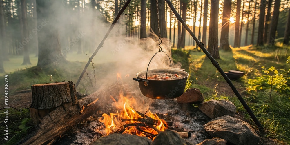 Pot Suspended Over Intense Fire in a Bushcraft Setting, Showcasing Survival Skills and Outdoor Cooking Techniques in a Natural Environment Pot Suspended Over Intense Fire in a Bushcraft Setting, Showcasing Survival Skills and Outdoor Cooking Techniques in a Natural Environment