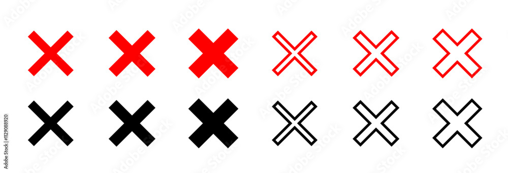 Red cross X symbol. Cancel icon set. Ban sign vector. Red and black cross sign set. Wrong mark collection. Red cross X symbol. Cancel icon set. Ban sign vector. Red and black cross sign set. Wrong mark collection.