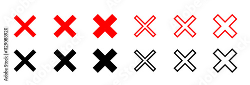 Red cross X symbol. Cancel icon set. Ban sign vector. Red and black cross sign set. Wrong mark collection.