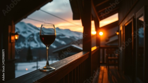 Glass of red wine on terrace with mountain sunset view in cozy cabin setting photo