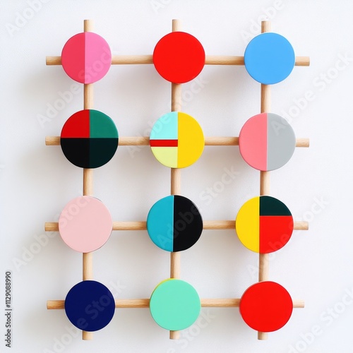 Colorful circles on wooden grid, geometric art.