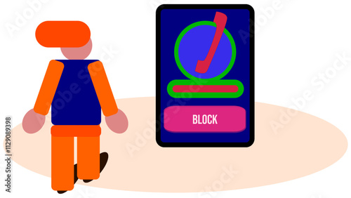 character standing in front of a smartphone screen with block button, Online dating and Tech, social media, block a contact, suspicious accounts, red flags of dating, technology.
