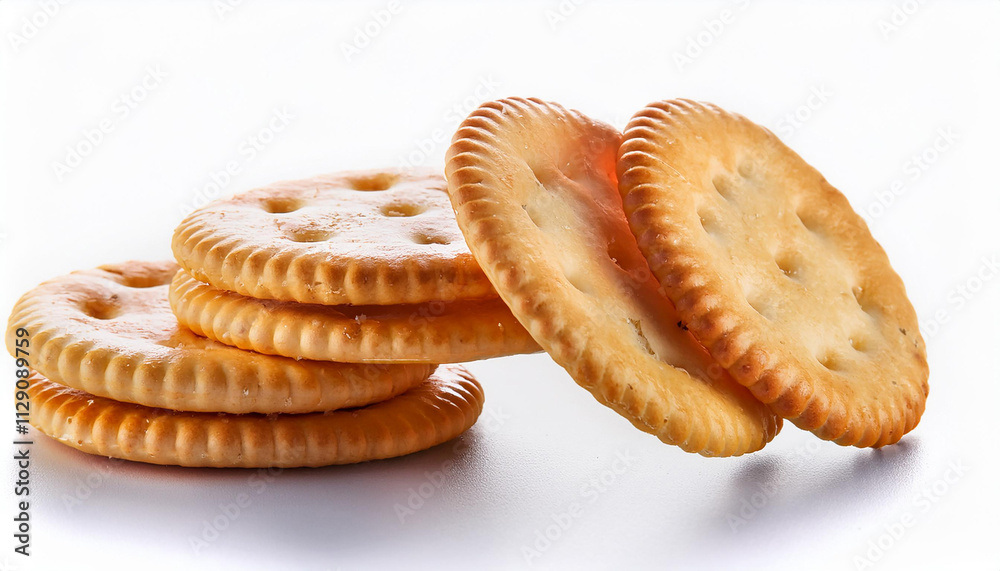 Tasty dry round crackers falling on white background Tasty dry round crackers falling on white background