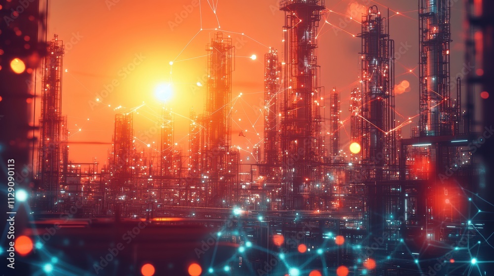 Obraz premium Modern factory, communication network. Telecommunication. IoT, Internet of Things, ICT, Information communication Technology,. Smart factory. Digital transformation, cloud connecting,