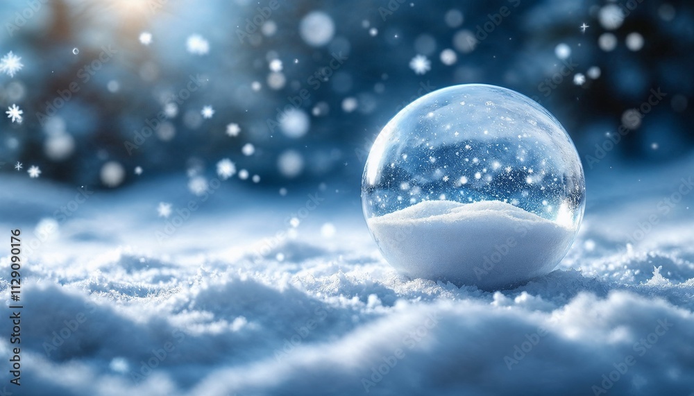 A transparent glass sphere rests gently on a snowy landscape with snowflakes descending softly, conveying serenity and a magical winter ambiance. A transparent glass sphere rests gently on a snowy landscape with snowflakes descending softly, conveying serenity and a magical winter ambiance.