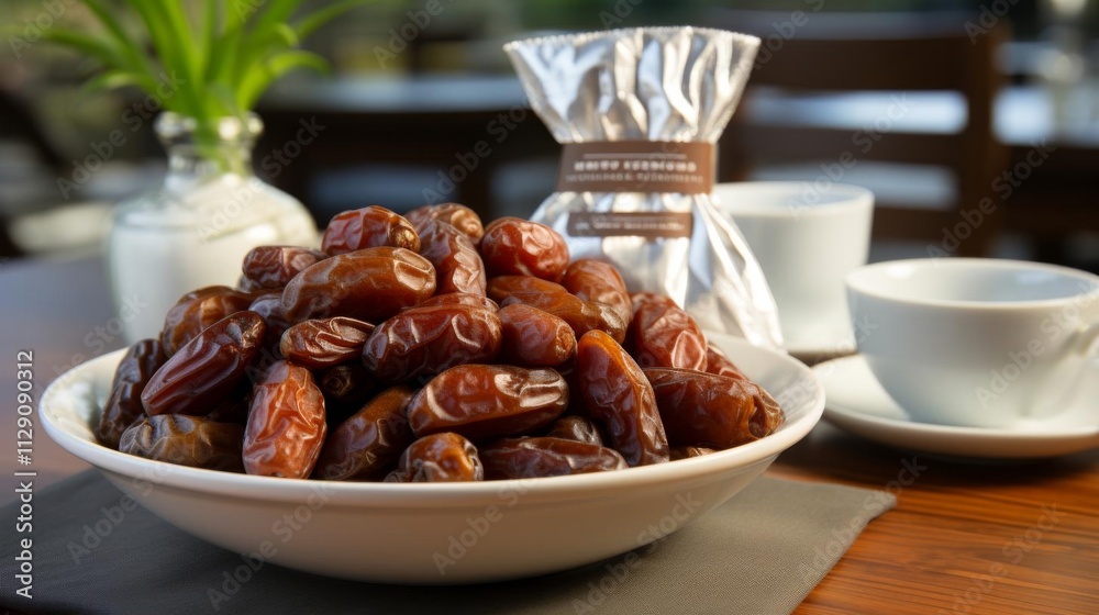 A bowl of dried fruit is on a table next to a bag of nuts A bowl of dried fruit is on a table next to a bag of nuts