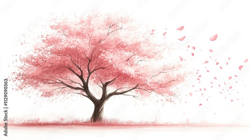 A serene pink tree stands gracefully, shedding petals in a gentle breeze against a soft white backdrop, ideal for themes of nature, tranquility, or spring, Perfect for illustrations, cards, or decor, A serene pink tree stands gracefully, shedding petals in a gentle breeze against a soft white backdrop, ideal for themes of nature, tranquility, or spring, Perfect for illustrations, cards, or decor,
