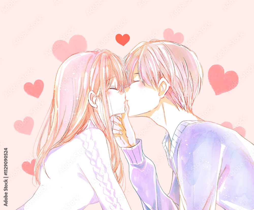 キスする男女 顎クイ 冬 ハート キスする男女 顎クイ 冬 ハート