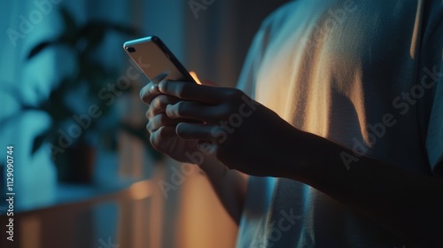 Close-up of person holding a smartphone in hands, wearing a dark blue shirt