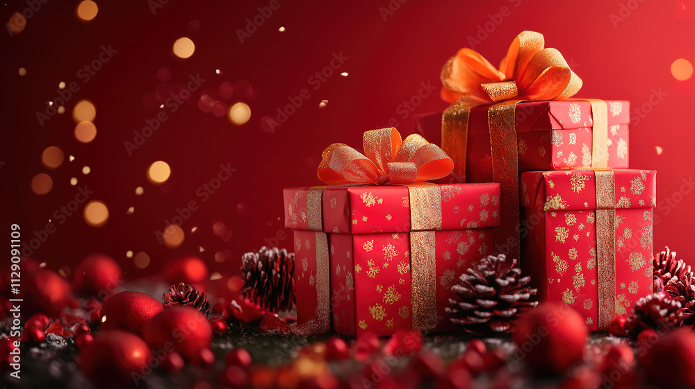 Double exposure of festive gift boxes and red hues symbolizing prosperity in Chinese New Year Double exposure of festive gift boxes and red hues symbolizing prosperity in Chinese New Year