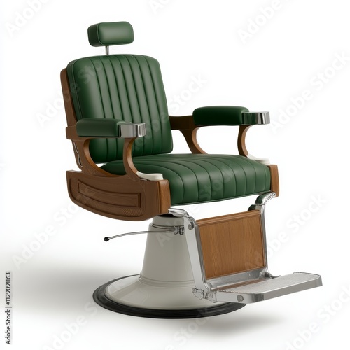 Classic Antique Barber Chair with Carved Armrests and Green Leather Seat on White Background, Photorealistic Illustration