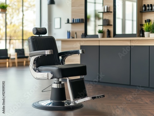 Modern Barber Shop Interior with Hydraulic Barber Chair and Glass Panels