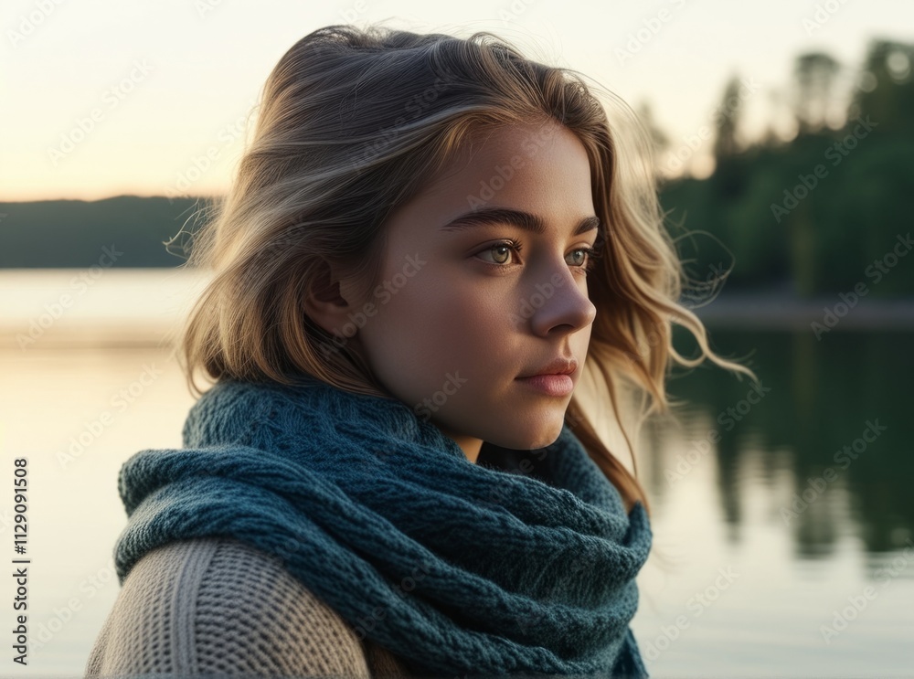 Young woman with scarf by the lake at sunset, reflecting on nature and tranquility Young woman with scarf by the lake at sunset, reflecting on nature and tranquility