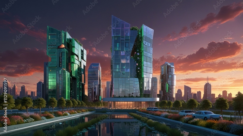 Fototapeta premium Futuristic Cityscape Featuring Modern Green Architecture at Sunset