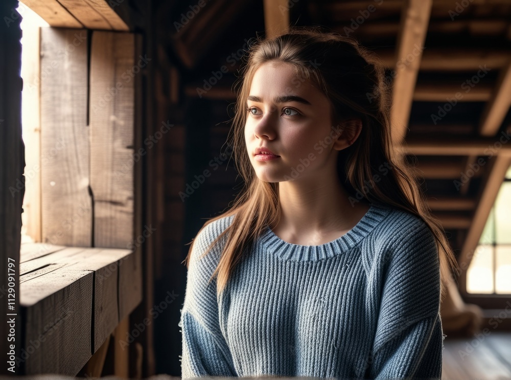 Young woman gazes thoughtfully out of a window in a cozy attic during daylight hours Young woman gazes thoughtfully out of a window in a cozy attic during daylight hours