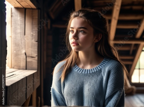 Young woman gazes thoughtfully out of a window in a cozy attic during daylight hours