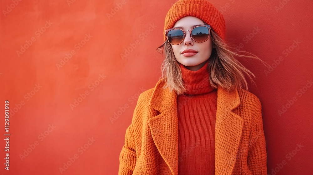 Chic Autumnal Attire: A Fashion Statement Against Vivid Red Background Chic Autumnal Attire: A Fashion Statement Against Vivid Red Background