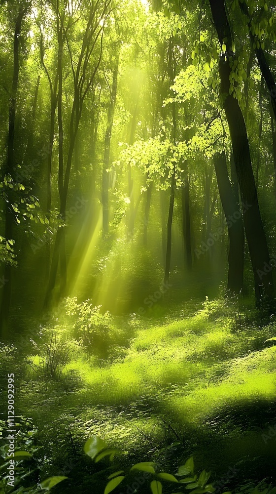 Obraz premium A lush, green forest with tall trees and sunlight filtering through the leaves, creating an enchanting atmosphere