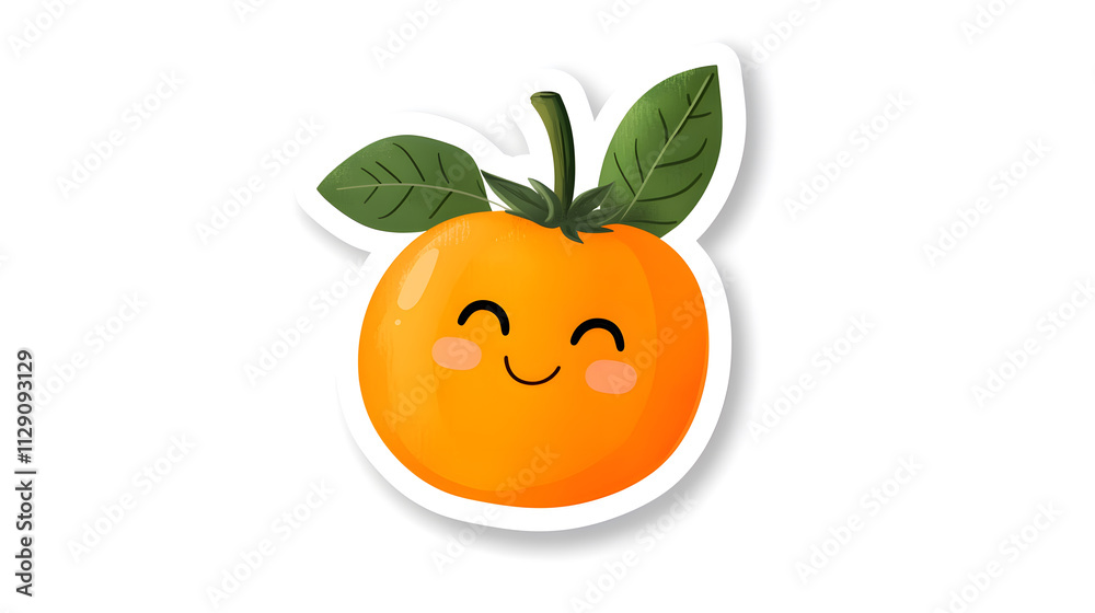 Cute cartoon sticker of smiling orange with green leaves, cheerful design Cute cartoon sticker of smiling orange with green leaves, cheerful design