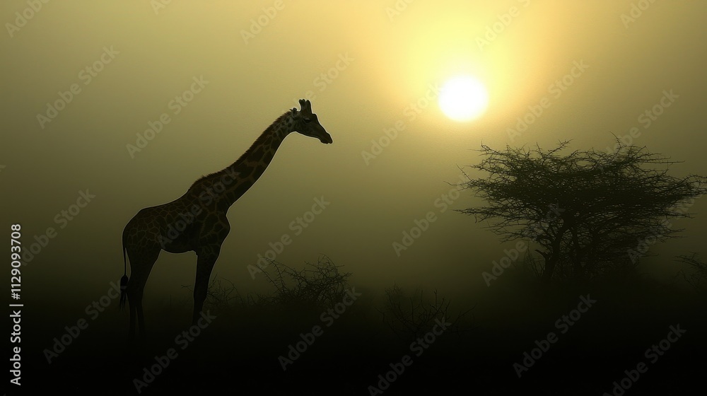 A tall giraffe silhouetted against the morning light, reaching its neck to munch on lush green acacia leaves, surrounded by a misty African savanna. A tall giraffe silhouetted against the morning light, reaching its neck to munch on lush green acacia leaves, surrounded by a misty African savanna.