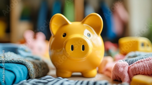 Stashing Away Funds: A Piggy Bank Amidst Children's Clothes on a Bedside Table. photo