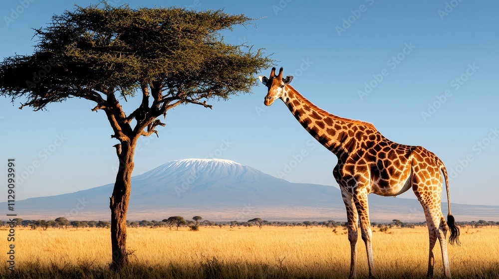 Fototapeta premium A vibrant safari scene of a giraffe feeding on an acacia tree, with distant mountains and golden grasslands stretching to the horizon.