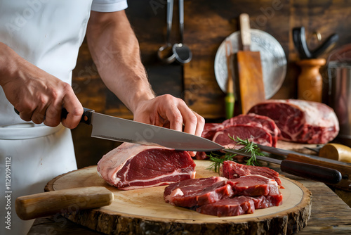 Butcher cuts fresh meat on a wooden board in a rustic setting photo