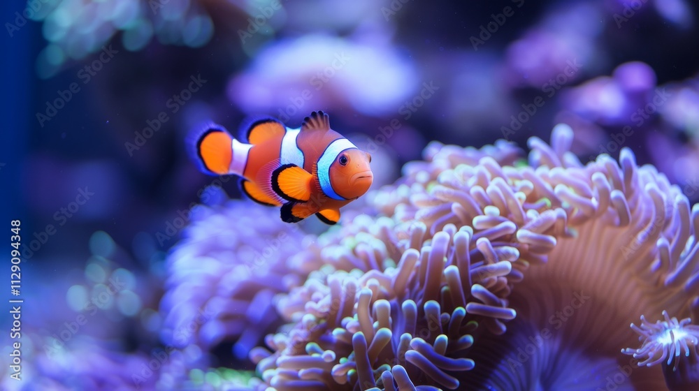 Fototapeta premium Vibrant underwater scene: Clownfish with orange body and white stripes swims among purple sea anemone and corals, surrounded by blue and green plants, creating a peaceful ambiance.