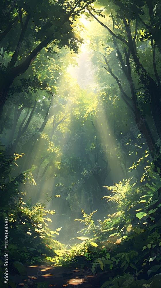 Obraz premium A lush, green forest with tall trees and sunlight filtering through the leaves, creating an enchanting atmosphere