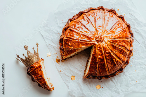 Galette des rois on white marble. Traditional Epiphany cake in France photo