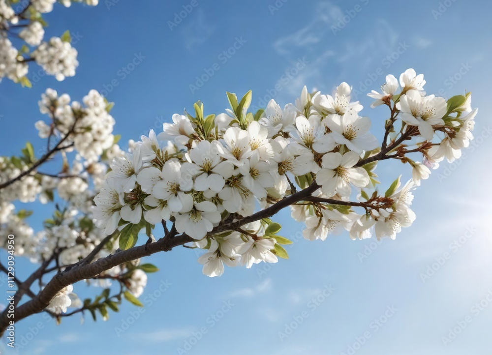 Delicate branch with blossoming pear tree against clear blue sky , blooming, green foliage, outdoor Delicate branch with blossoming pear tree against clear blue sky , blooming, green foliage, outdoor
