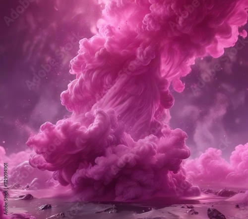 Gaseous magenta mist swirls within an aglow environment , ethereal, illuminated, glowing