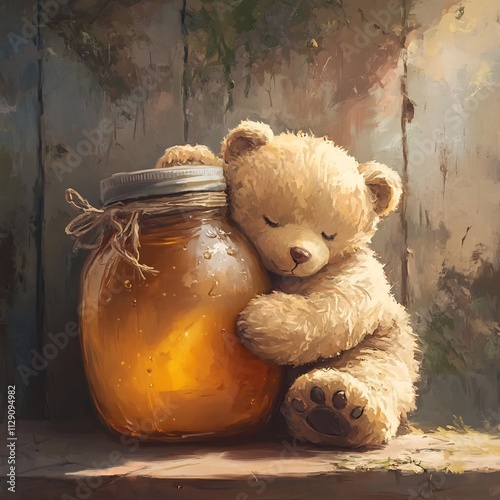 Cozy Teddy Bear Hugging Vintage Honey Jar for Heartwarming Home Decor