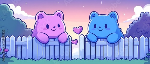 A pastel-hued Valentine's Day cartoon shows two little creatures leaning over a picket fence, each passing a small heart-shaped note to the other. The background features soft hills, a gentle  photo