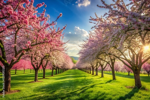 Wallpaper Mural Rows of Beautifully Blossoming Trees on a Lush Green Lawn: A Stunning Apple Orchard with Blooming Cherry Trees Bathed in Sunlight, Perfect for Nature Lovers and Garden Enthusiasts Torontodigital.ca