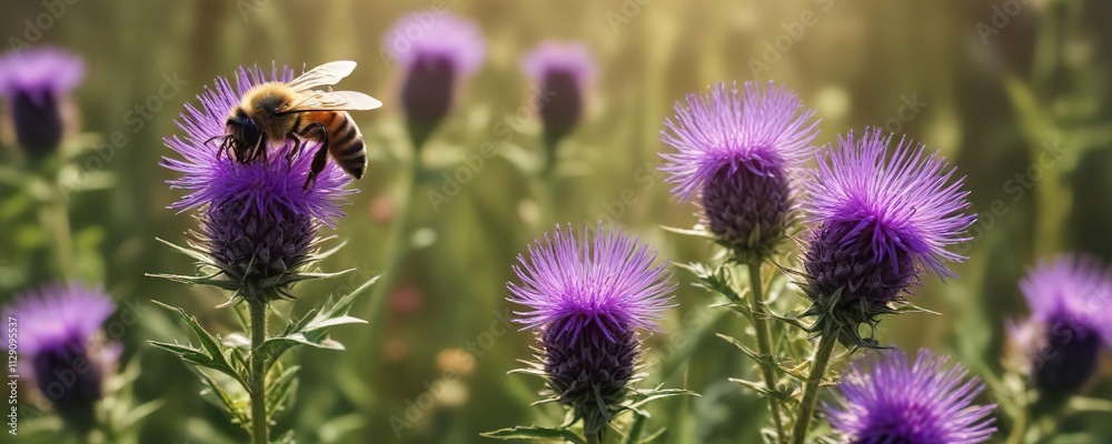 Honey bee collecting nectar from purple creeping thistle flower, nature, natural world Honey bee collecting nectar from purple creeping thistle flower, nature, natural world