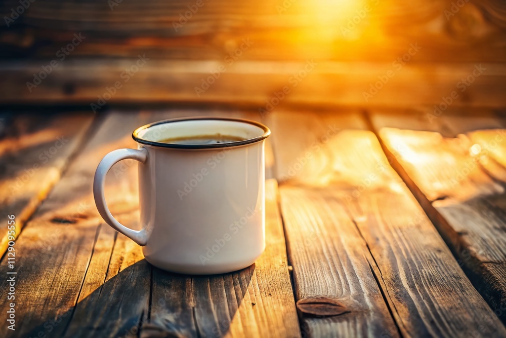 Rustic Charm: White Enamel Coffee Mug on an Old Wooden Table with Natural Lighting and Warm Atmosphere for Cozy Mornings and Relaxing Moments in Nature Rustic Charm: White Enamel Coffee Mug on an Old Wooden Table with Natural Lighting and Warm Atmosphere for Cozy Mornings and Relaxing Moments in Nature