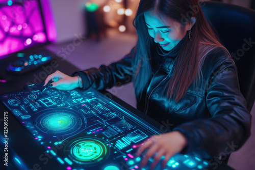 Young Woman Analyzing Generative AI Technology for E-commerce Marketing in Futuristic Digital Era