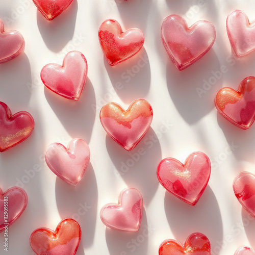 A seamless pattern of pink watercolor hearts on a white background