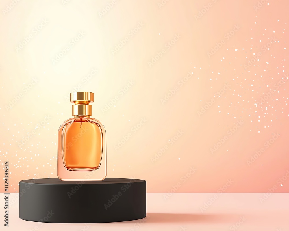 Elegant perfume bottle on display with sparkle. product podium , pastel minimal product display Elegant perfume bottle on display with sparkle. product podium , pastel minimal product display